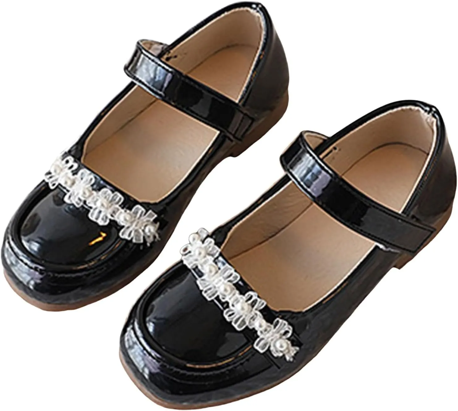 Girls Dress Shoes-Mary Jane Shoes for Girls Low Heel Hook and Loop Dress Shoe Party Wedding Flat for Little/Big Kids with Non Slip Rubber Sole Pearl White Cute Shoe for Girl Comfy Cushion