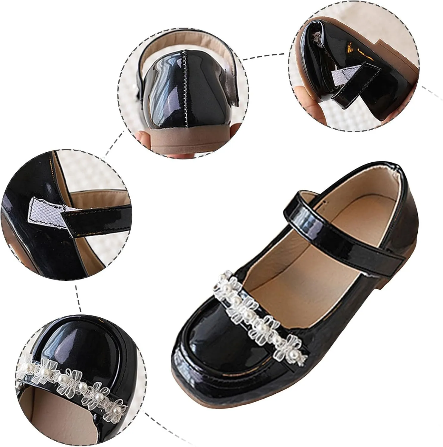 Girls Dress Shoes-Mary Jane Shoes for Girls Low Heel Hook and Loop Dress Shoe Party Wedding Flat for Little/Big Kids with Non Slip Rubber Sole Pearl White Cute Shoe for Girl Comfy Cushion