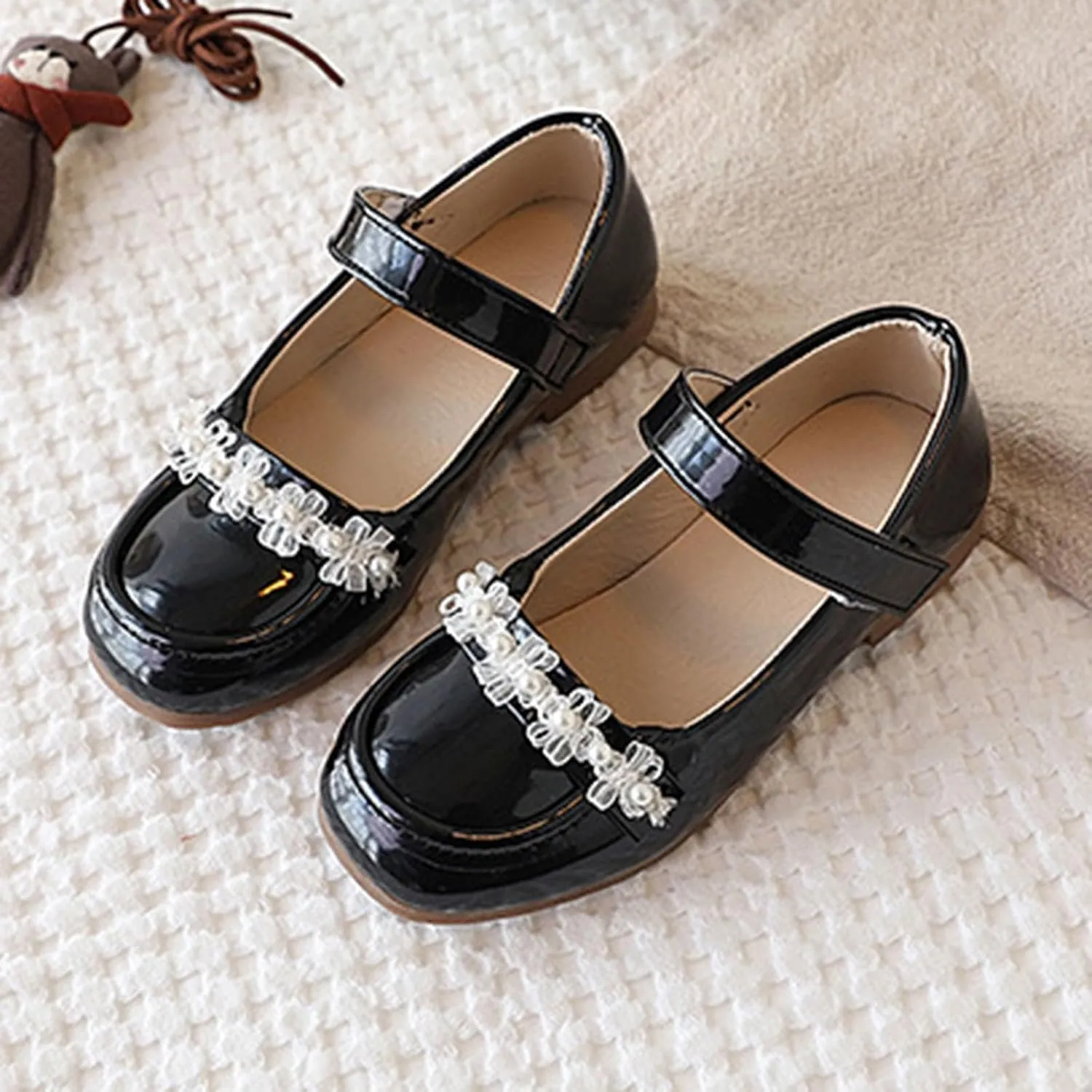 Girls Dress Shoes-Mary Jane Shoes for Girls Low Heel Hook and Loop Dress Shoe Party Wedding Flat for Little/Big Kids with Non Slip Rubber Sole Pearl White Cute Shoe for Girl Comfy Cushion