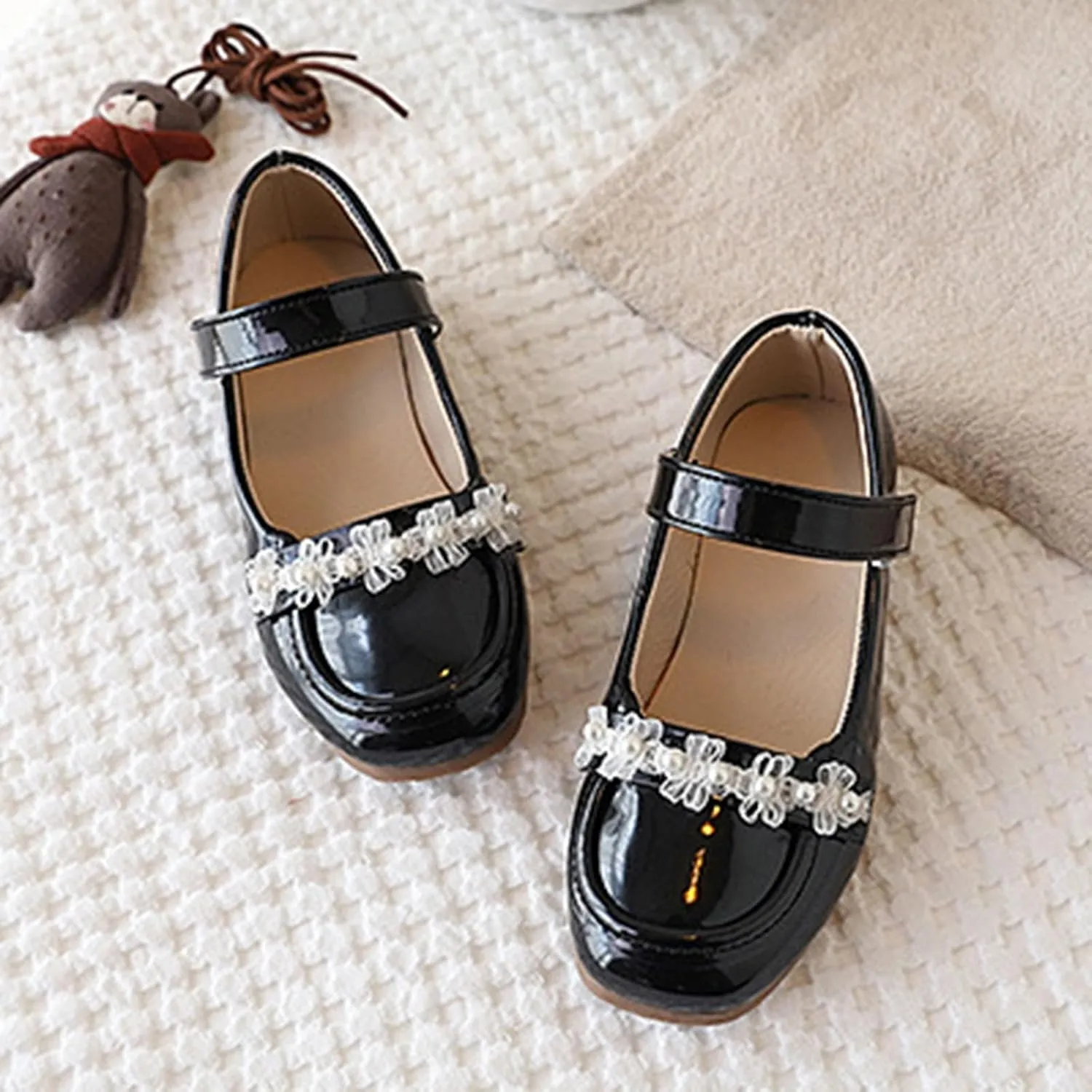 Girls Dress Shoes-Mary Jane Shoes for Girls Low Heel Hook and Loop Dress Shoe Party Wedding Flat for Little/Big Kids with Non Slip Rubber Sole Pearl White Cute Shoe for Girl Comfy Cushion