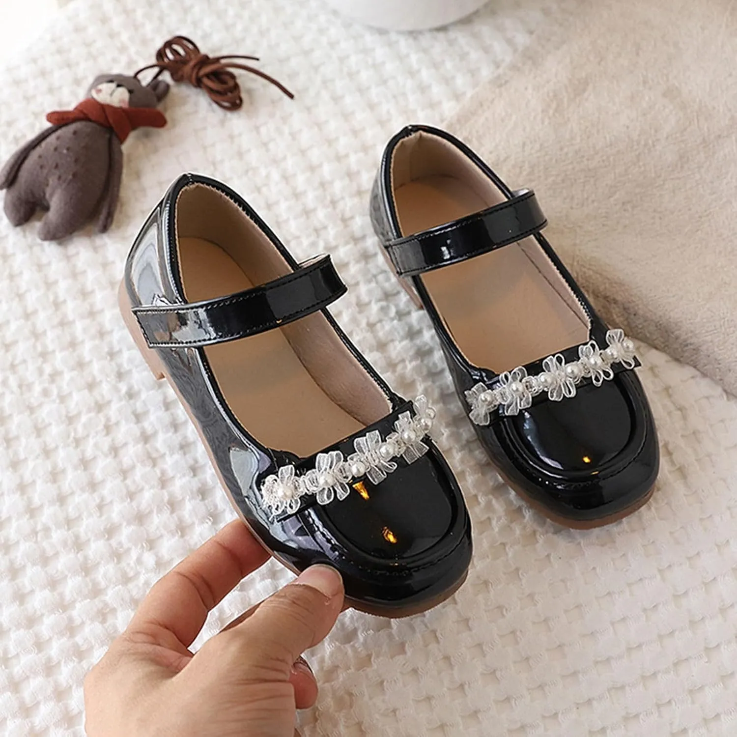 Girls Dress Shoes-Mary Jane Shoes for Girls Low Heel Hook and Loop Dress Shoe Party Wedding Flat for Little/Big Kids with Non Slip Rubber Sole Pearl White Cute Shoe for Girl Comfy Cushion