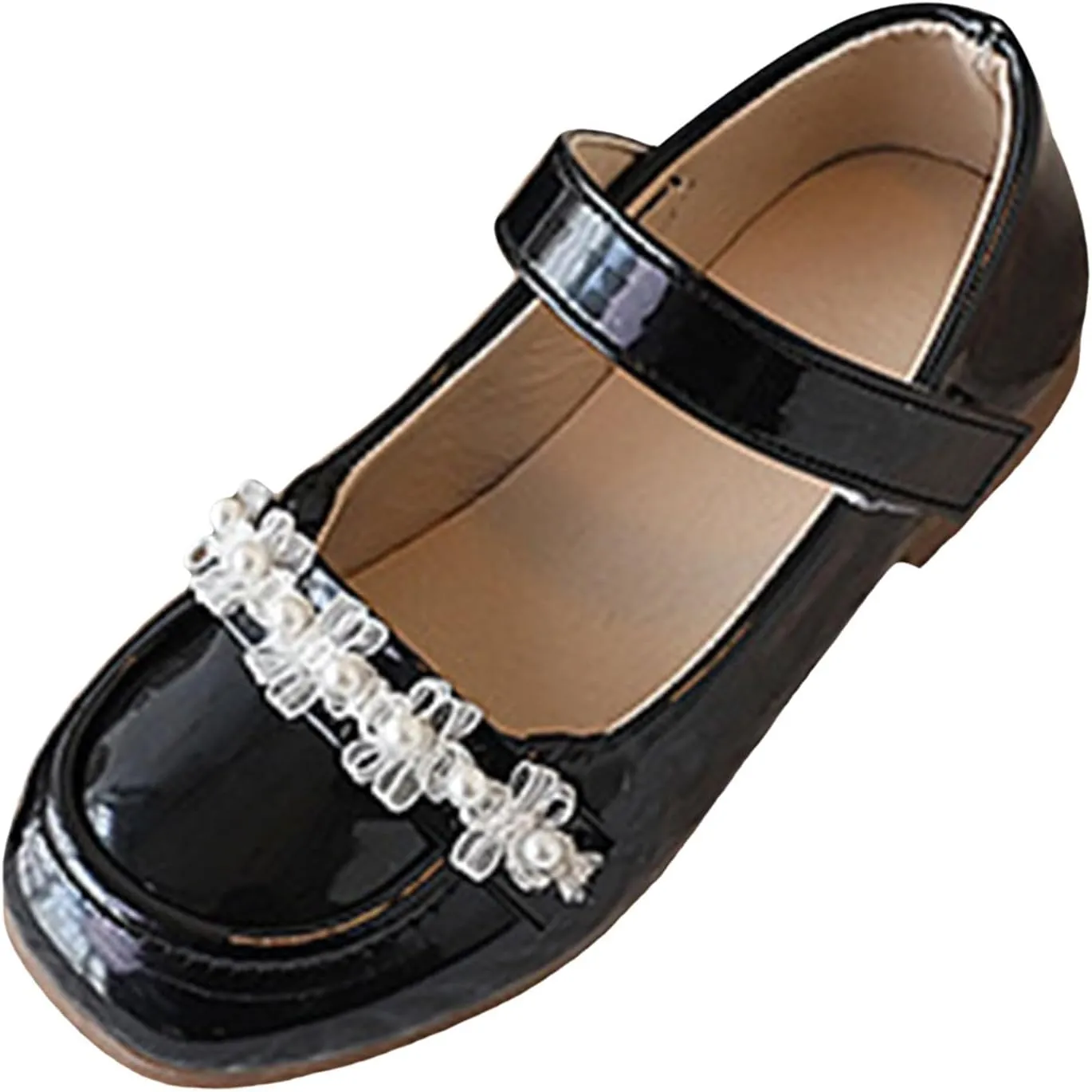 Girls Dress Shoes-Mary Jane Shoes for Girls Low Heel Hook and Loop Dress Shoe Party Wedding Flat for Little/Big Kids with Non Slip Rubber Sole Pearl White Cute Shoe for Girl Comfy Cushion