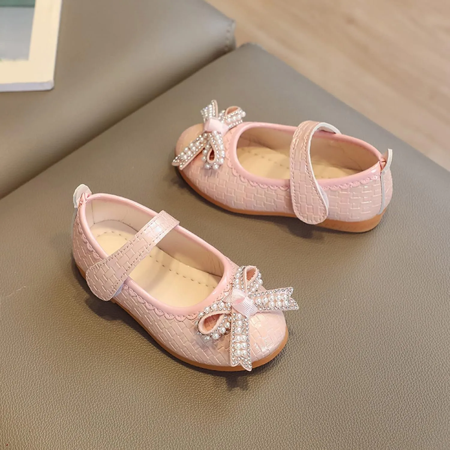Girls Dress Shoes Toddler Mary Jane Ballet Flats Pearl Ankle Strap Dress Shoes for Wedding Party School