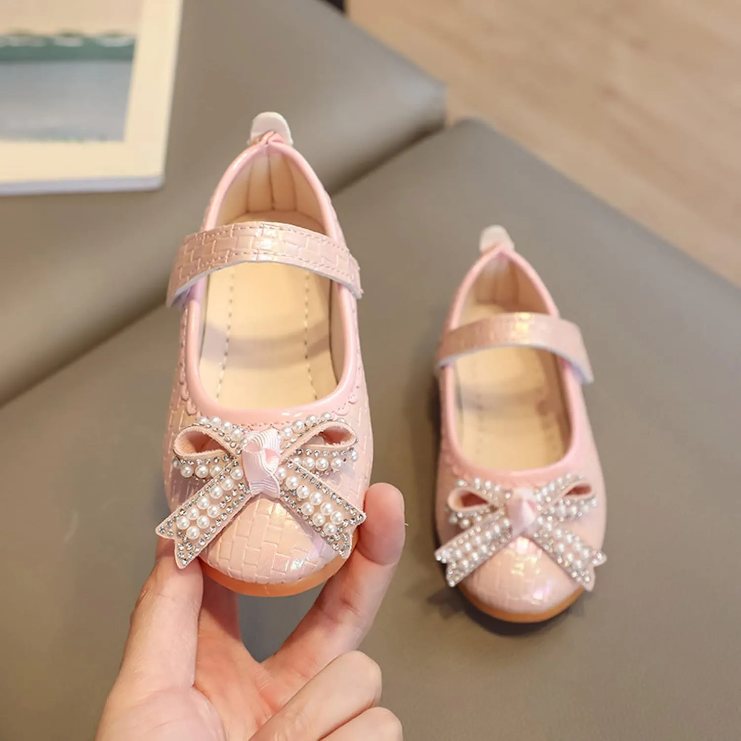 Girls Dress Shoes Toddler Mary Jane Ballet Flats Pearl Ankle Strap Dress Shoes for Wedding Party School