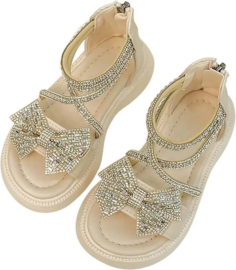 Girls Flat Sandals Bow Glitter Strappy Platform Low Heels Sandal Open Toe Zipper Back Ankle Strap Dress Shoes