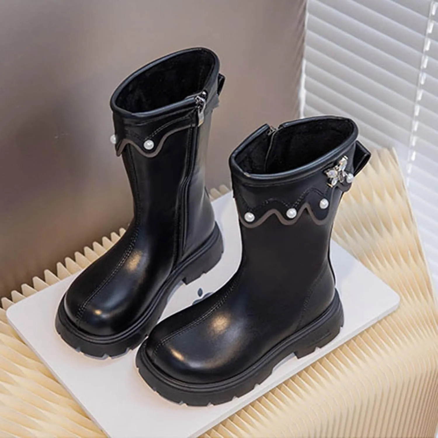 Girls Knee High Wateroof Winter Boots Pearl Butterfly Warm Lined Non Slip Riding Boot with Side Zipper for Kids