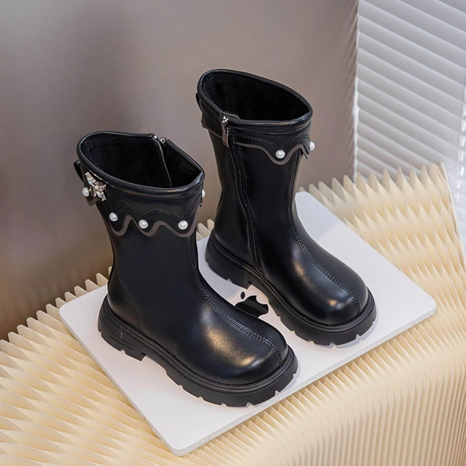 Girls Knee High Wateroof Winter Boots Pearl Butterfly Warm Lined Non Slip Riding Boot with Side Zipper for Kids