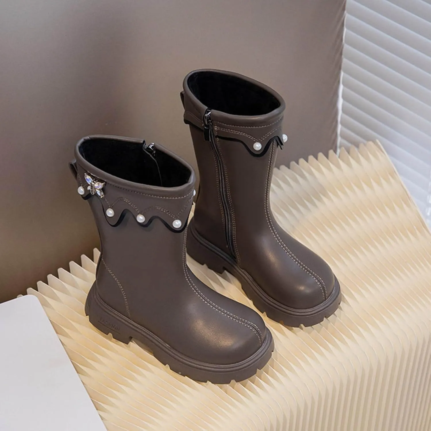 Girls Knee High Wateroof Winter Boots Pearl Butterfly Warm Lined Non Slip Riding Boot with Side Zipper for Kids