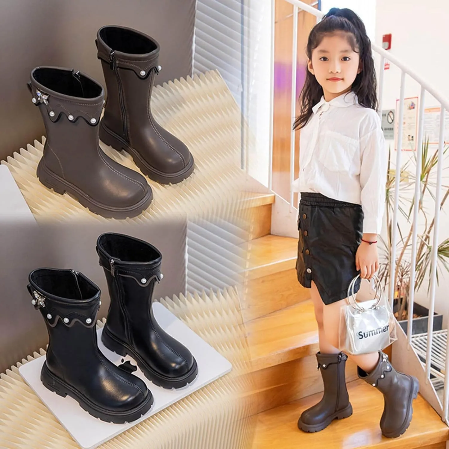 Girls Knee High Wateroof Winter Boots Pearl Butterfly Warm Lined Non Slip Riding Boot with Side Zipper for Kids