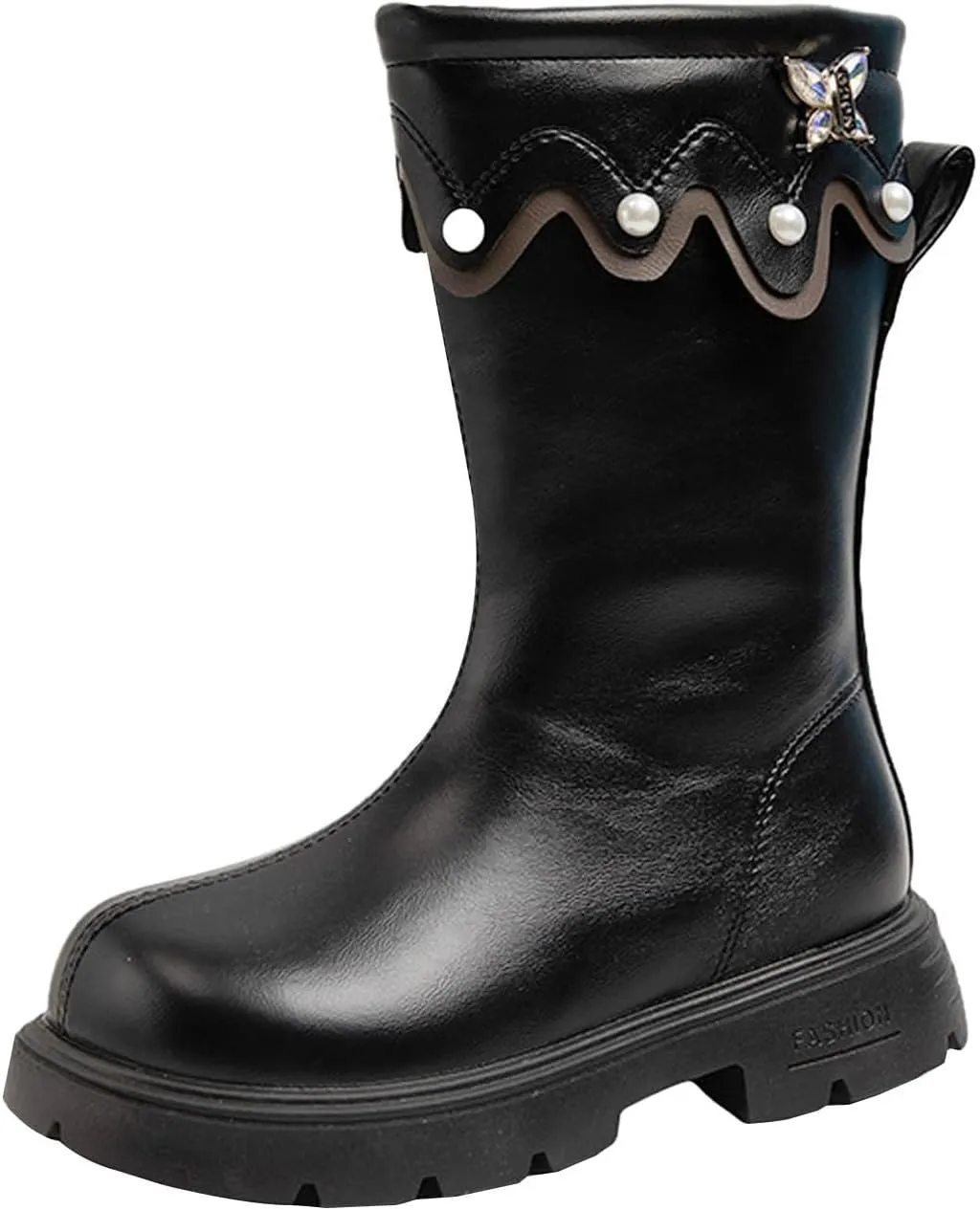 Girls Knee High Wateroof Winter Boots Pearl Butterfly Warm Lined Non Slip Riding Boot with Side Zipper for Kids