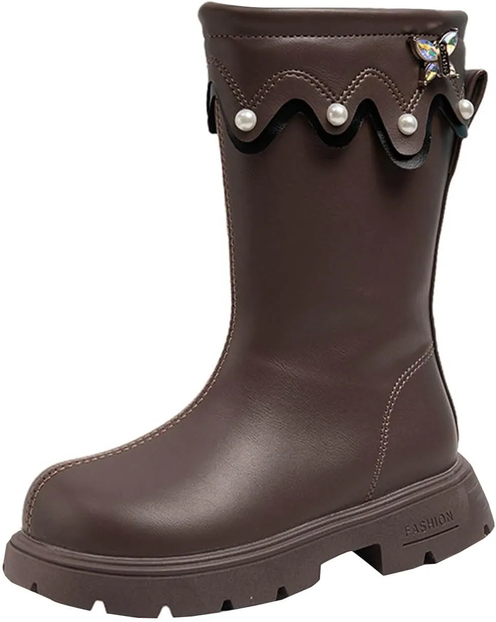 Girls Knee High Wateroof Winter Boots Pearl Butterfly Warm Lined Non Slip Riding Boot with Side Zipper for Kids
