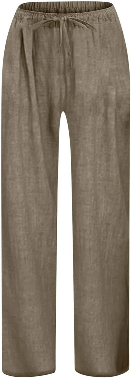 Girls Linen Pants Summer Wide Leg Pants Drawstring Elastic Waist Pants High Waisted Pants Casual Beach Trousers 4-14 Years
