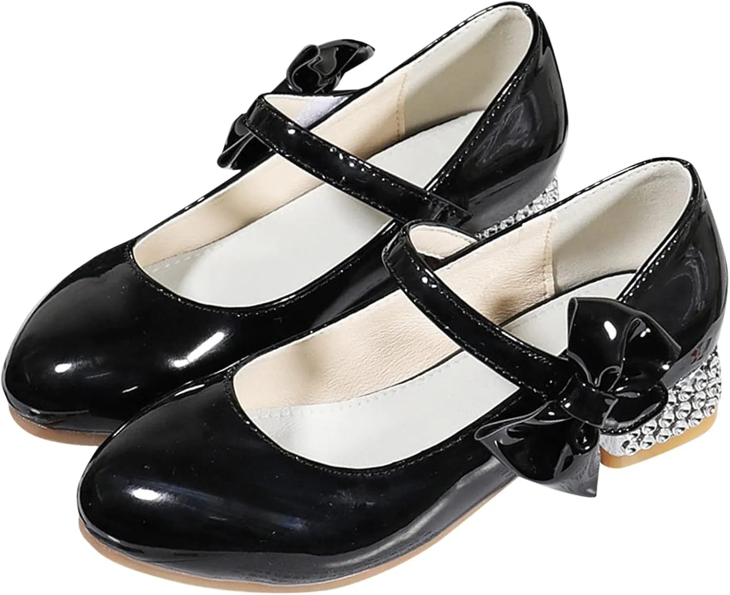 Girls Mary Jane Dress Shoes for Kids Bowknot Hook and Loop Low Heel Flower Girl Wedding Flat Princess Shoes