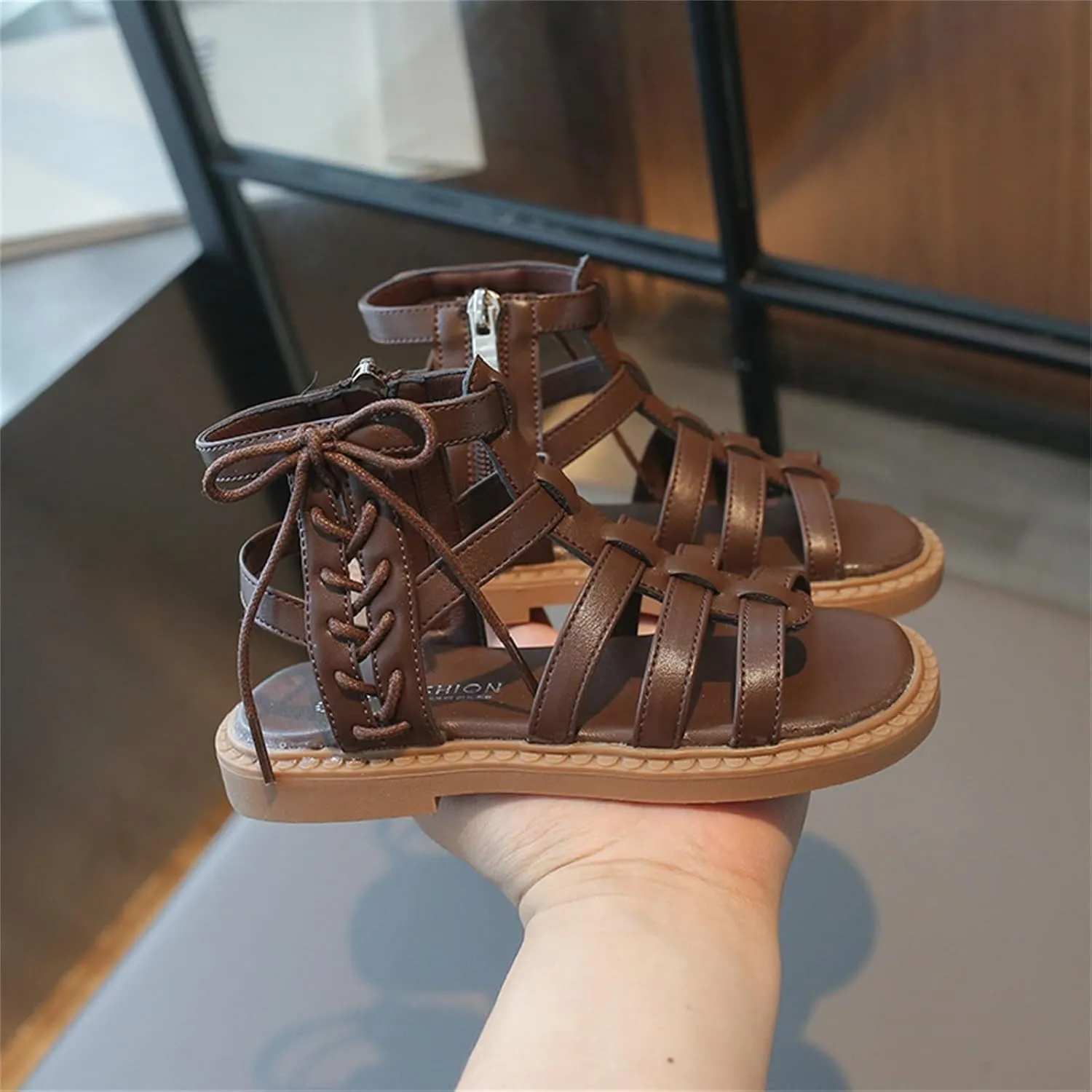 Girls Sandal Lace Up Ankle Strappy Flat Sandals Kids Side Zipper Open Toe Dress Shoes Summer Hollow Walking Shoes