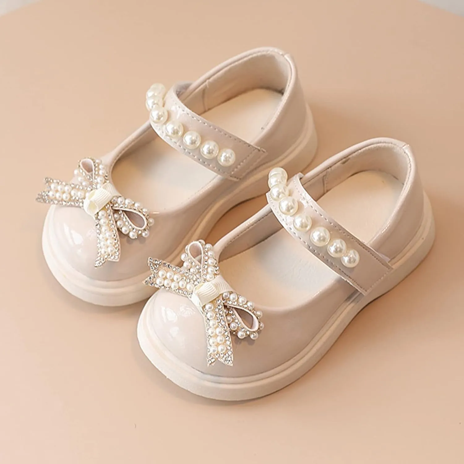 Girls Sandals Children Shoes Pearl Bow Tie Hook Loop Princess Shoes Dance Shoes Kids Heels (Beige, 5.5 Years)