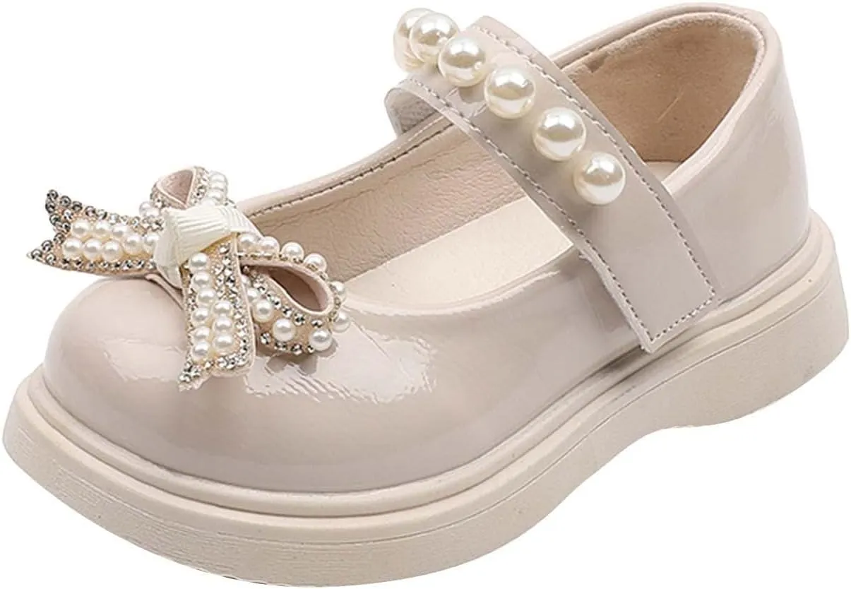 Girls Sandals Children Shoes Pearl Bow Tie Hook Loop Princess Shoes Dance Shoes Kids Heels (Beige, 5.5 Years)