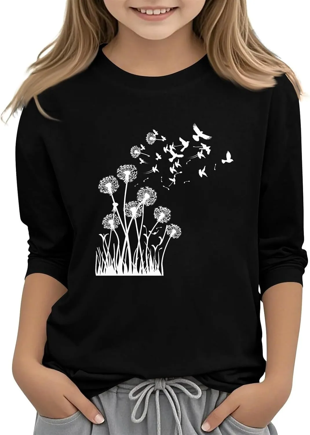 Girls Summer T Shirts 3/4 Sleeves Cowl Neck Girls Tops Short Sleeve Blouses Tunic Tops Print Casual Shirts Cute Tops Tee