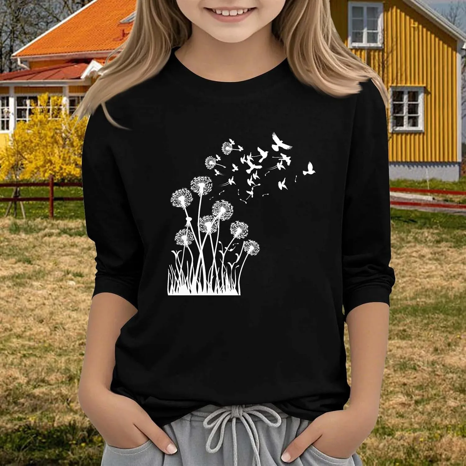 Girls Summer T Shirts 3/4 Sleeves Cowl Neck Girls Tops Short Sleeve Blouses Tunic Tops Print Casual Shirts Cute Tops Tee