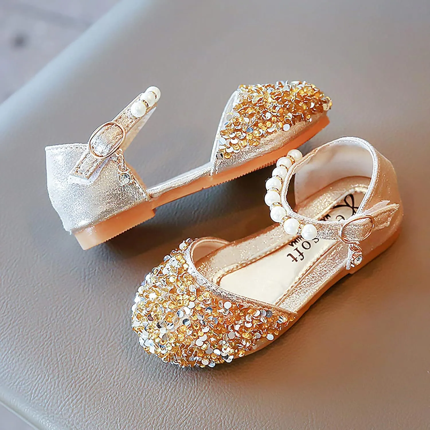 Gray Shoes for Boys Bowknot Kids Shoes Single Baby Girls Bling Princess Sandals Crystal Pearl Creative Shoe