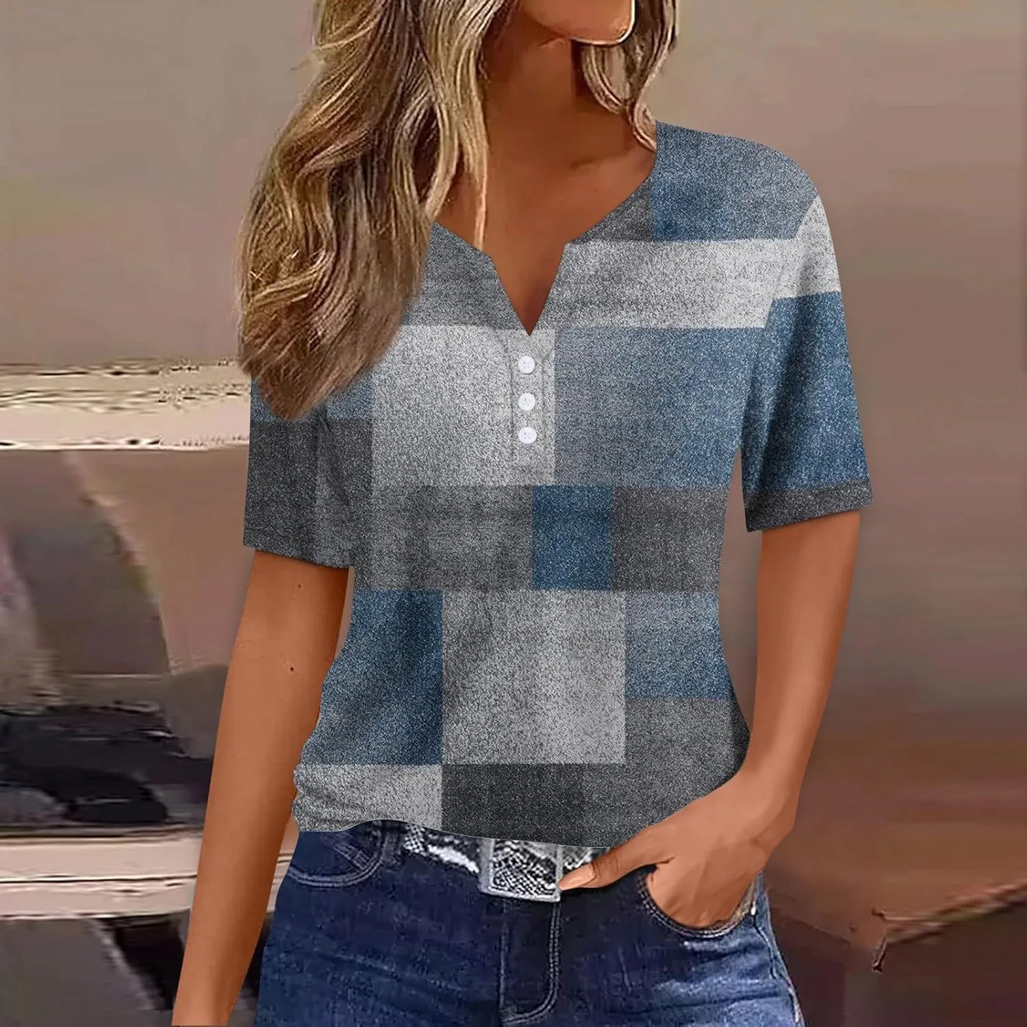 Henley Shirts for Women Buttons Sexy Shirts Short Sleeve Dressy Blouses 2024 Geometric Print Tops