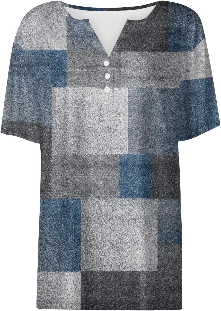 Henley Shirts for Women Buttons Sexy Shirts Short Sleeve Dressy Blouses 2024 Geometric Print Tops