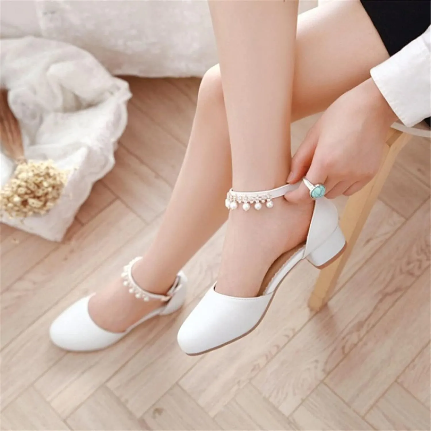 High Heel Closed Pointed Toe Sandals for Girls Kids Ankle Strap Beaded Pearl Formal Shoes Fancy Wedding Basic