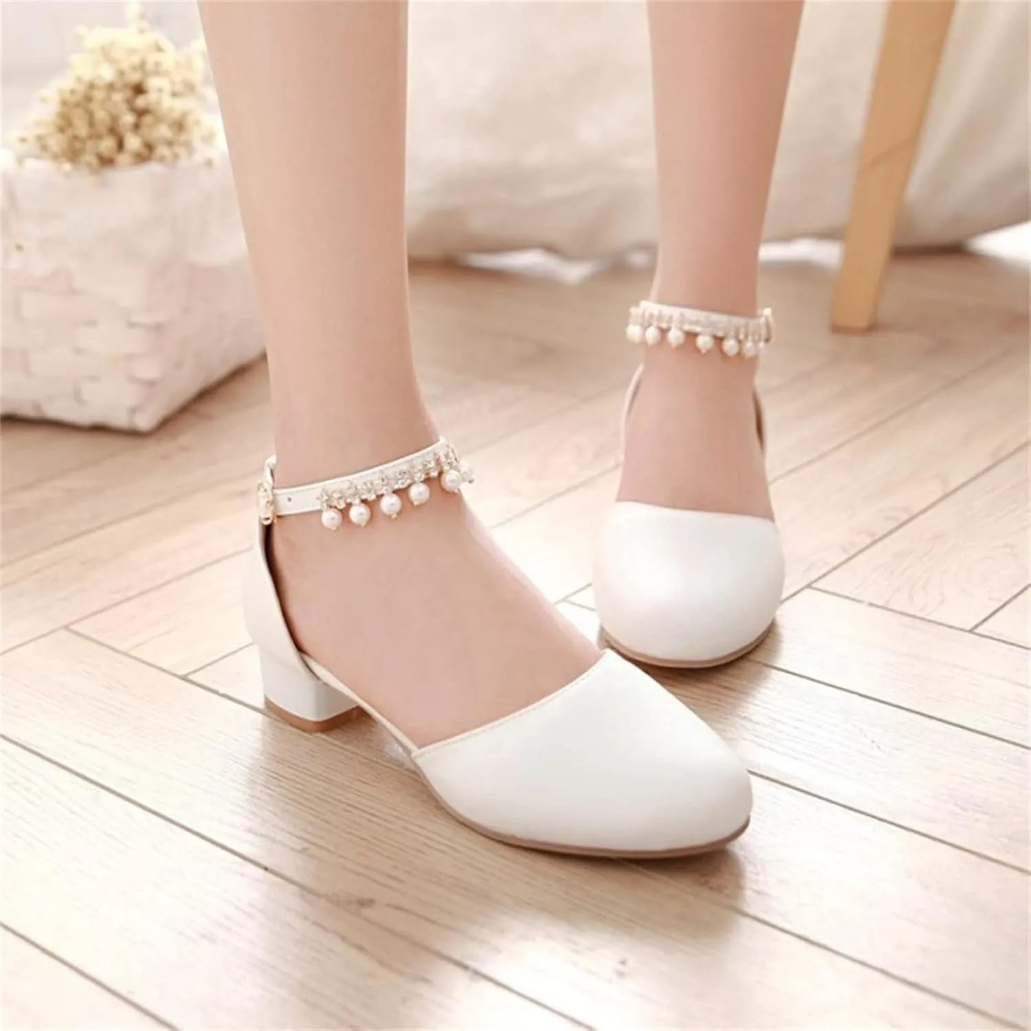 High Heel Closed Pointed Toe Sandals for Girls Kids Ankle Strap Beaded Pearl Formal Shoes Fancy Wedding Basic