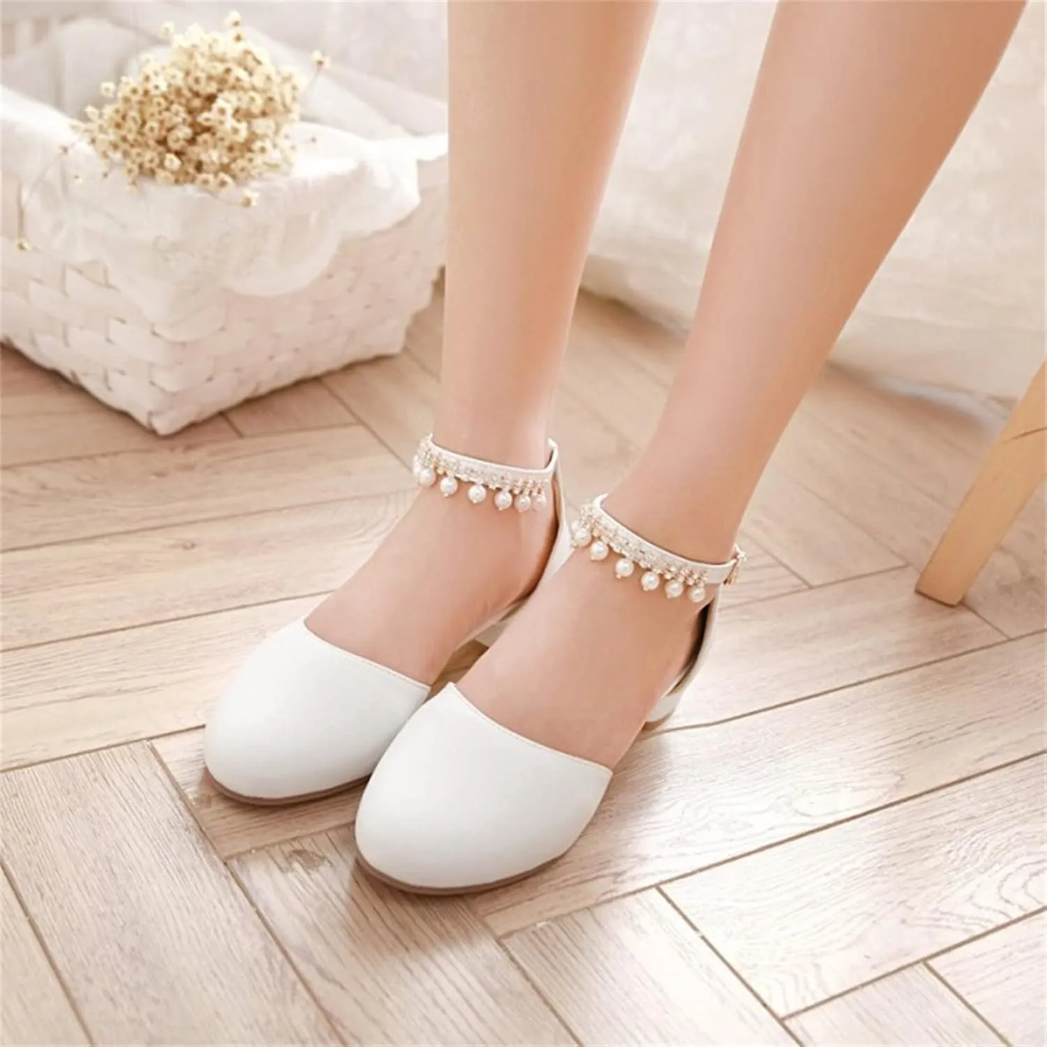 High Heel Closed Pointed Toe Sandals for Girls Kids Ankle Strap Beaded Pearl Formal Shoes Fancy Wedding Basic
