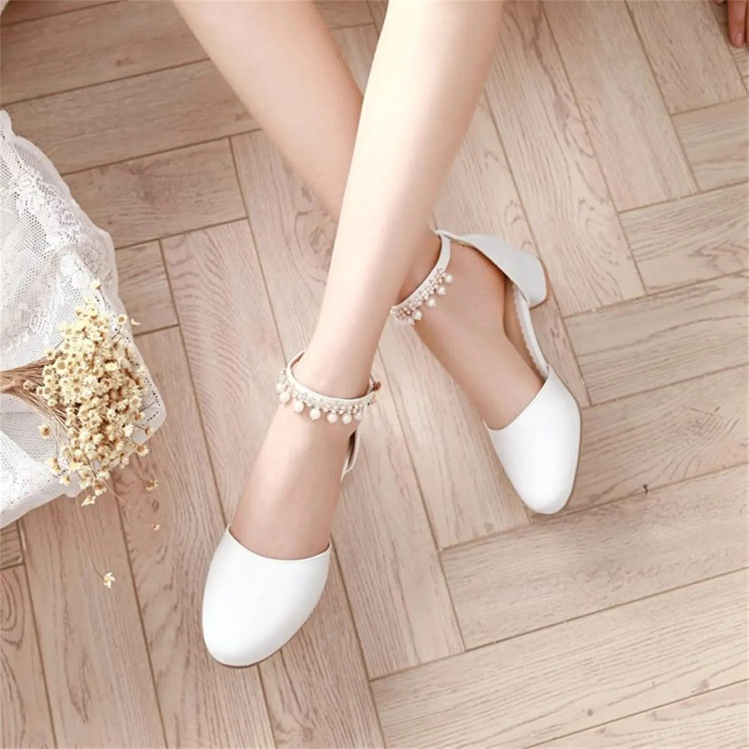 High Heel Closed Pointed Toe Sandals for Girls Kids Ankle Strap Beaded Pearl Formal Shoes Fancy Wedding Basic