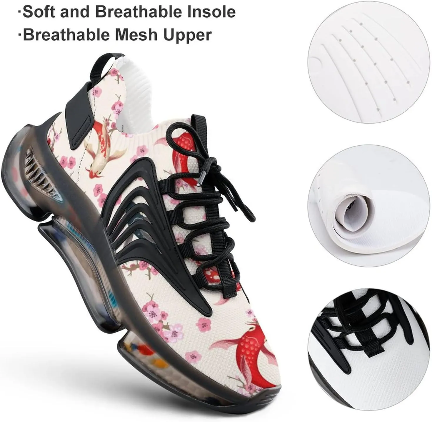 Japanese Koi Fish Cherry Blossoms Mens Lace-Up Sneakers Running Walking Tennis Sports Workout Shoes Breathable