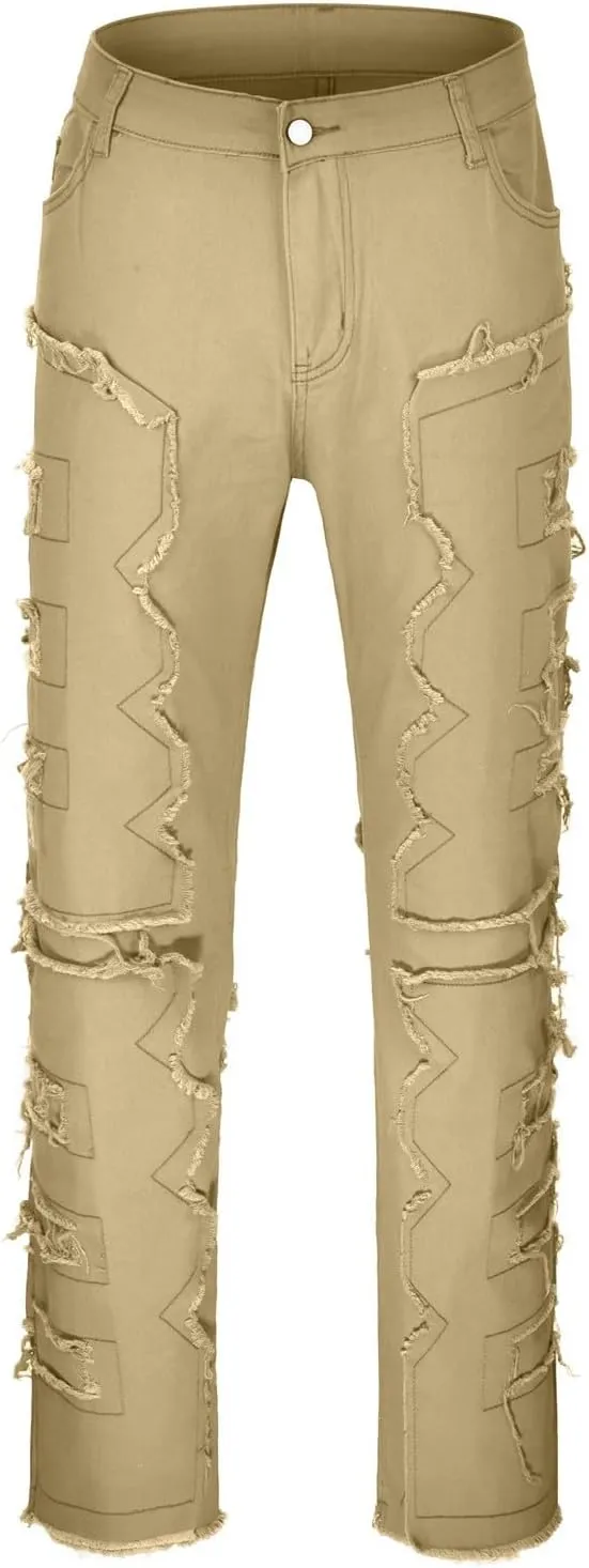 Jeans for Men Big and Tall Men's Slim Fit Stretch Jeans Distressed Patchwork Stacked Frayed Straight Leg Skinny Denim
