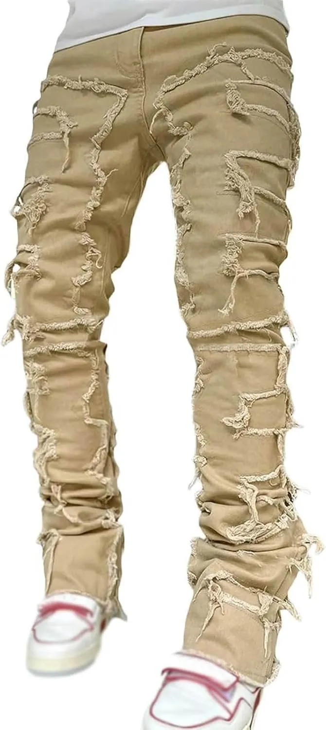 Jeans for Men Big and Tall Men's Slim Fit Stretch Jeans Distressed Patchwork Stacked Frayed Straight Leg Skinny Denim