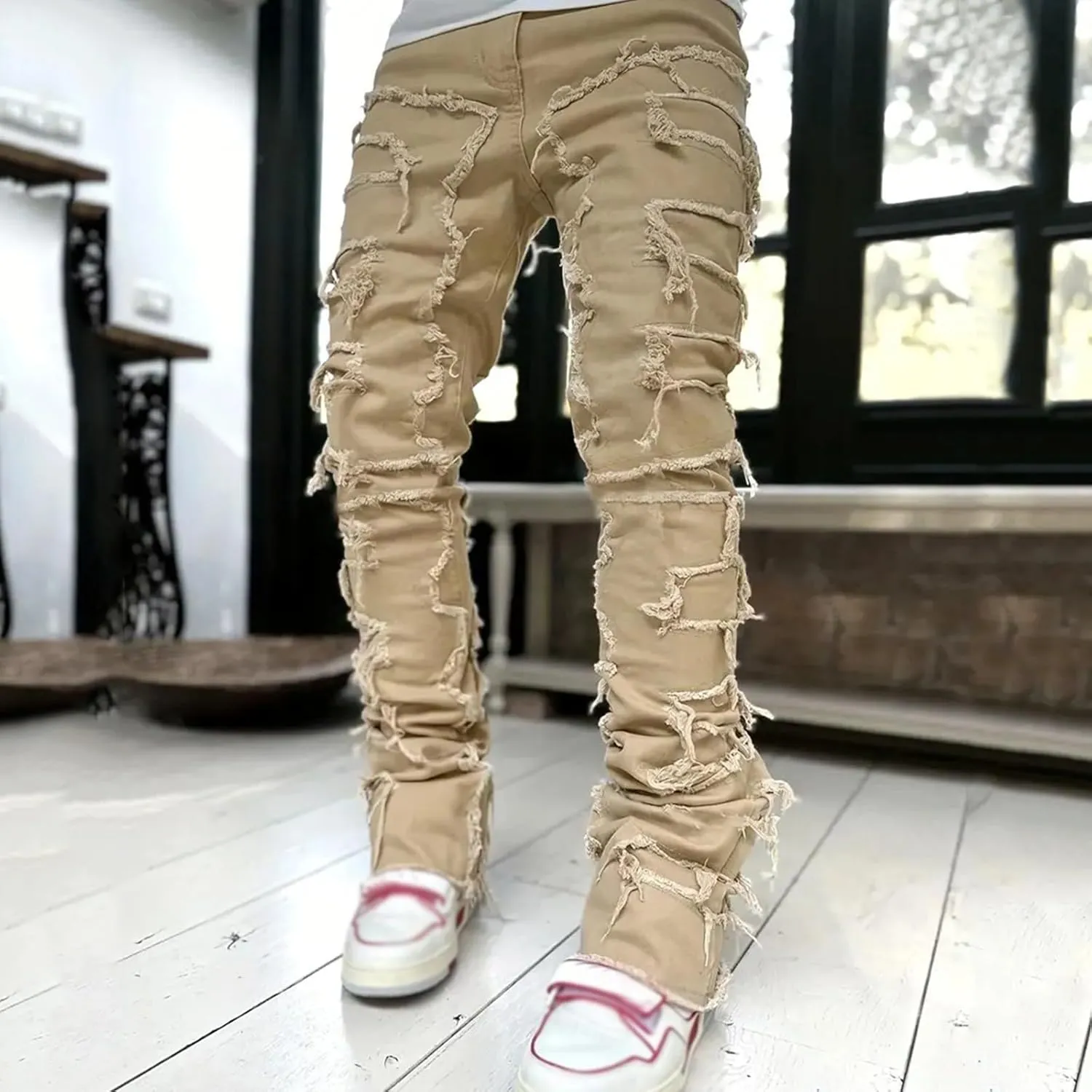 Jeans for Men Big and Tall Men's Slim Fit Stretch Jeans Distressed Patchwork Stacked Frayed Straight Leg Skinny Denim