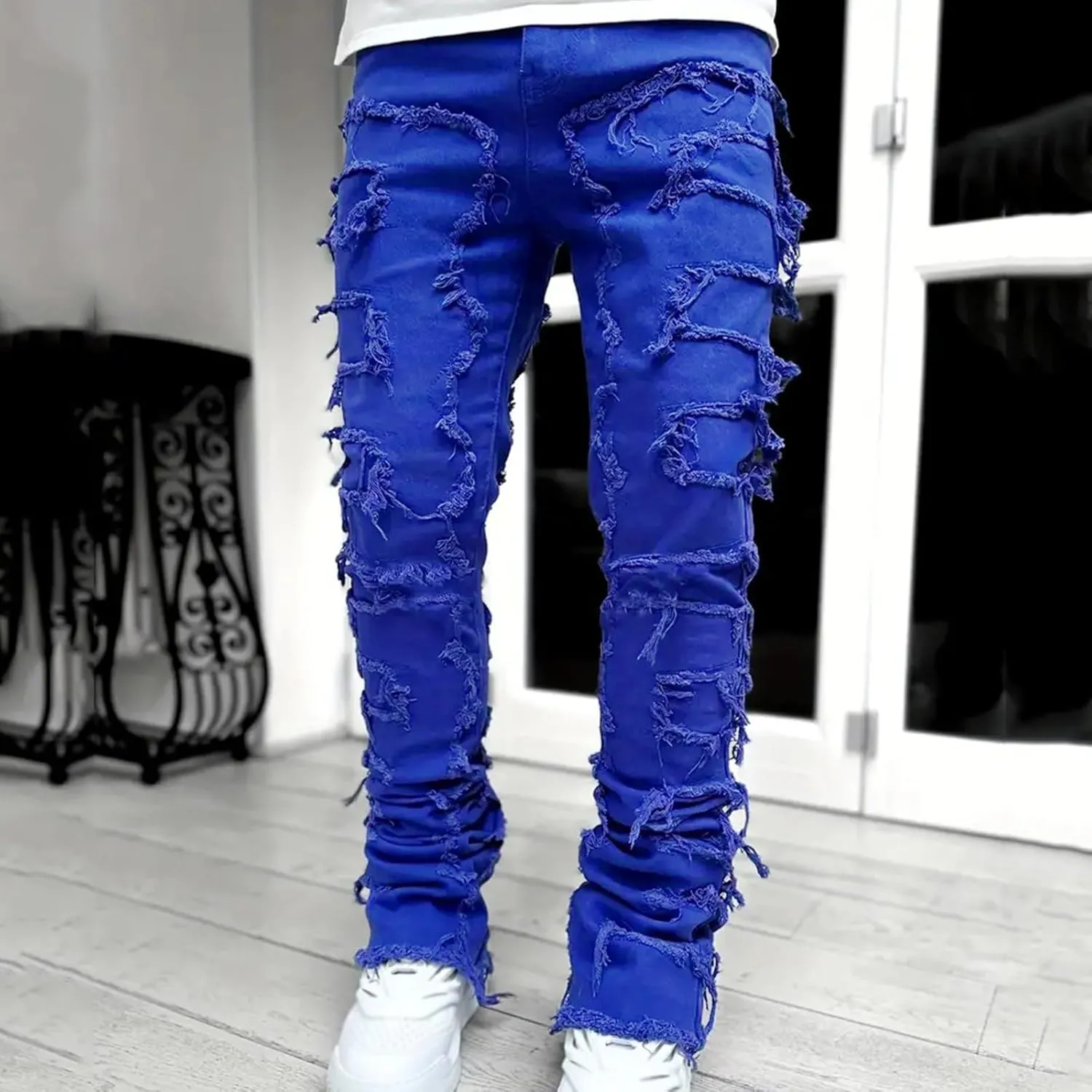 Jeans for Men Skinny Men's Slim Fit Stretch Jeans Distressed Patchwork Stacked Frayed Straight Leg Skinny Denim Pants