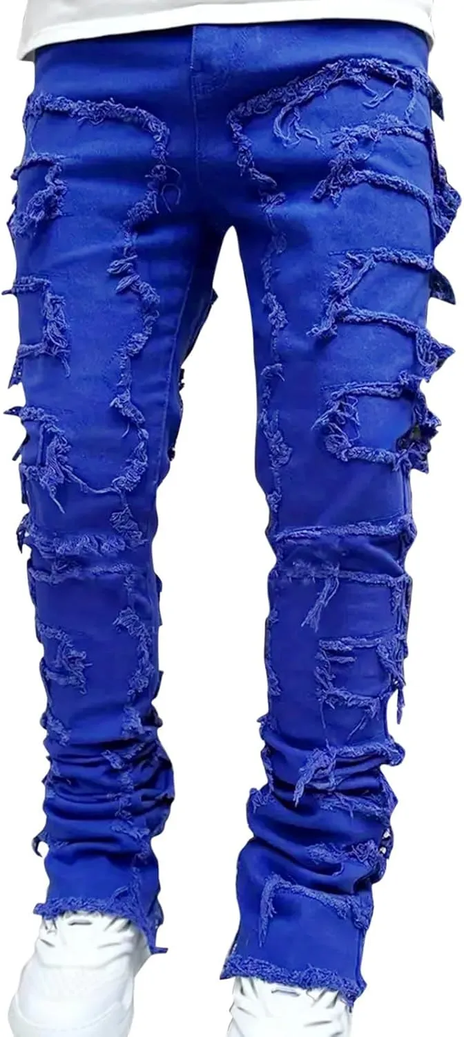 Jeans for Men Skinny Men's Slim Fit Stretch Jeans Distressed Patchwork Stacked Frayed Straight Leg Skinny Denim Pants
