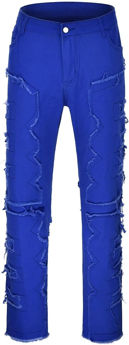 Jeans for Men Skinny Men's Slim Fit Stretch Jeans Distressed Patchwork Stacked Frayed Straight Leg Skinny Denim Pants
