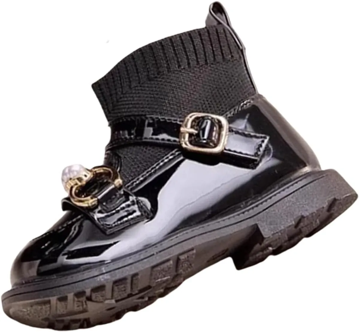 Kids Girls Buckle Dress Boots Knitted Socks Boots Princess Parties Leather Mary Jane Anti Slip School Flat Shoes