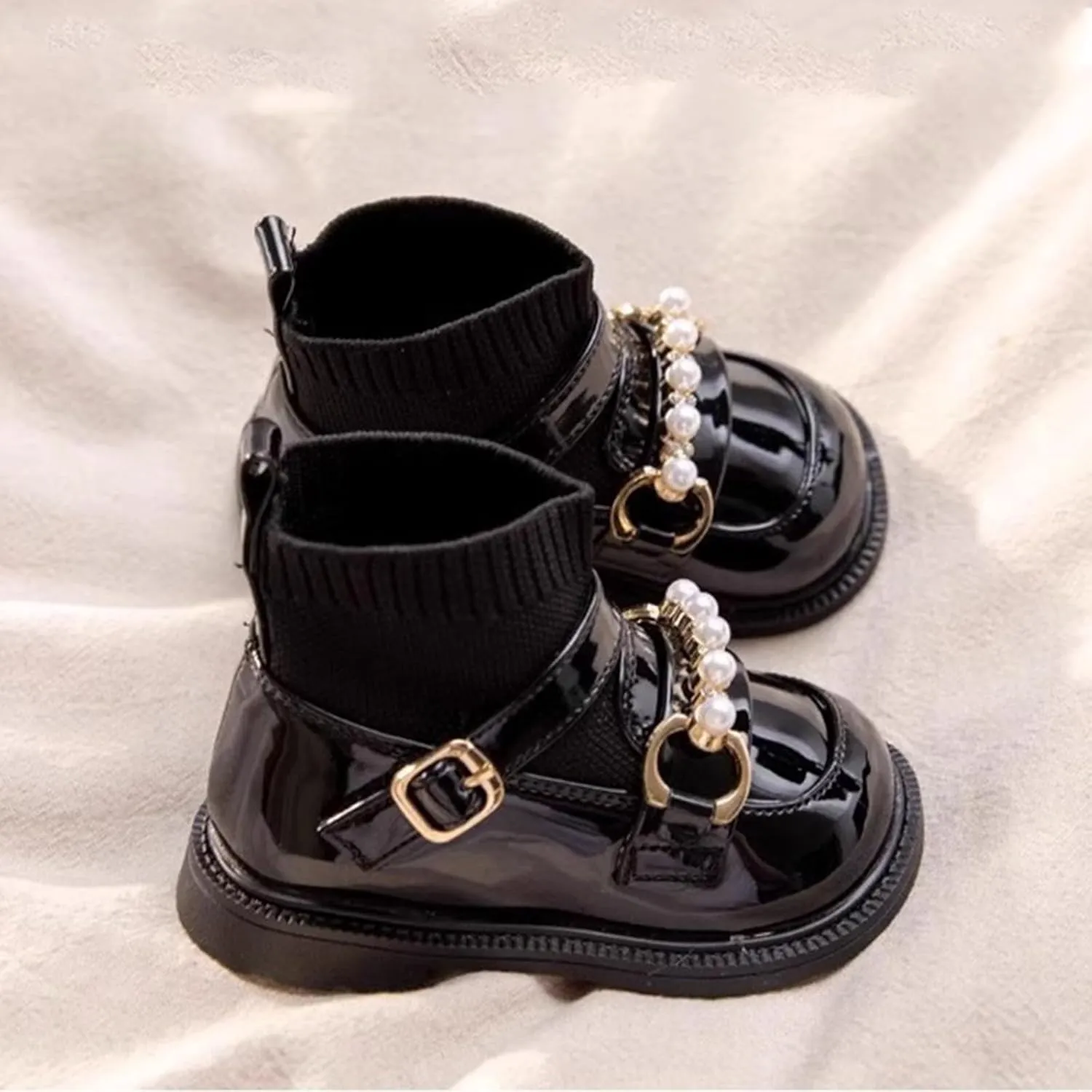 Kids Girls Buckle Dress Boots Knitted Socks Boots Princess Parties Leather Mary Jane Anti Slip School Flat Shoes