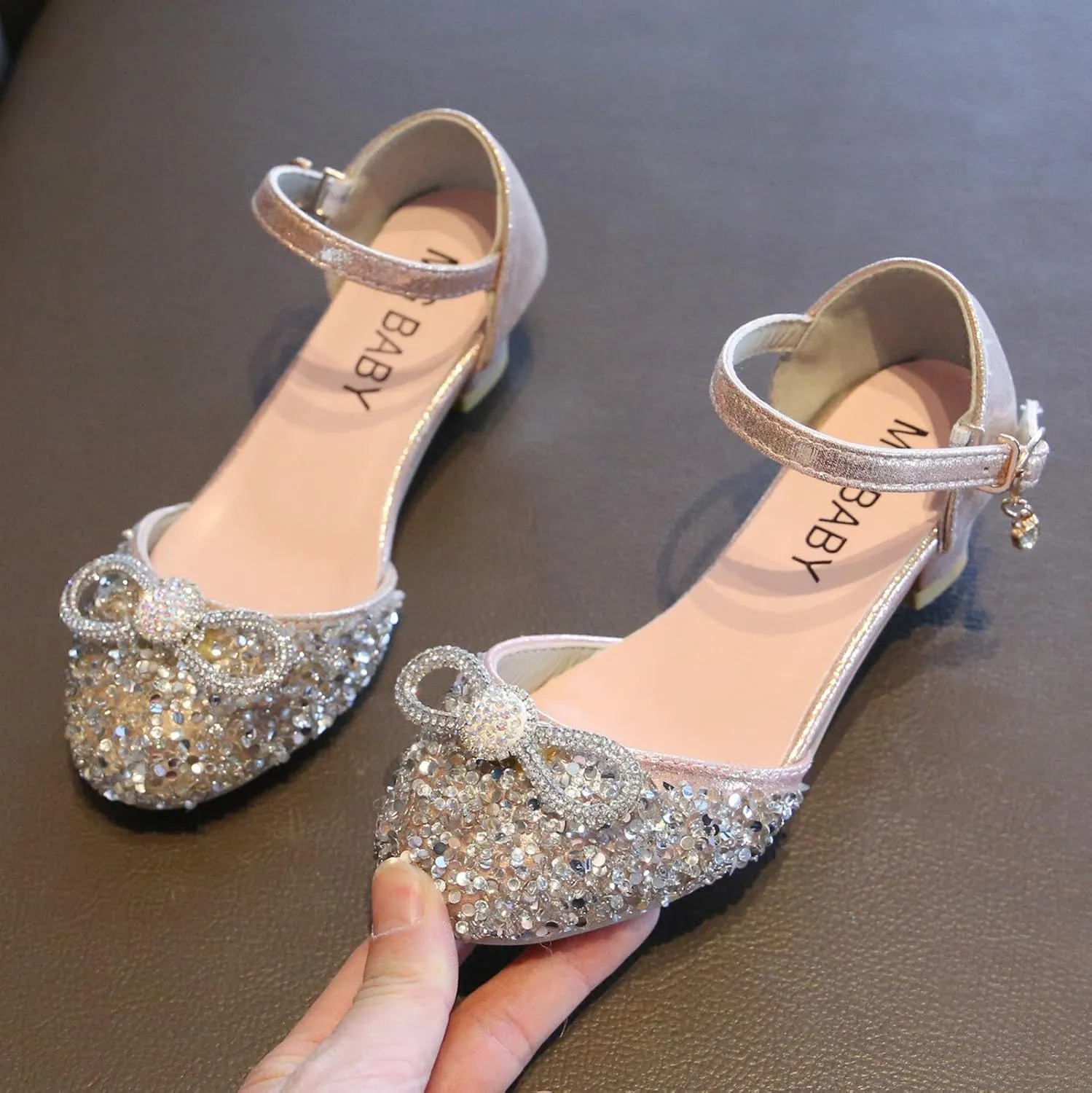 Kids Girls Glitter Dress Shoes Bowknot Low Heel Princess Flat Flower Mary Jane Wedding Party Dance Shoes