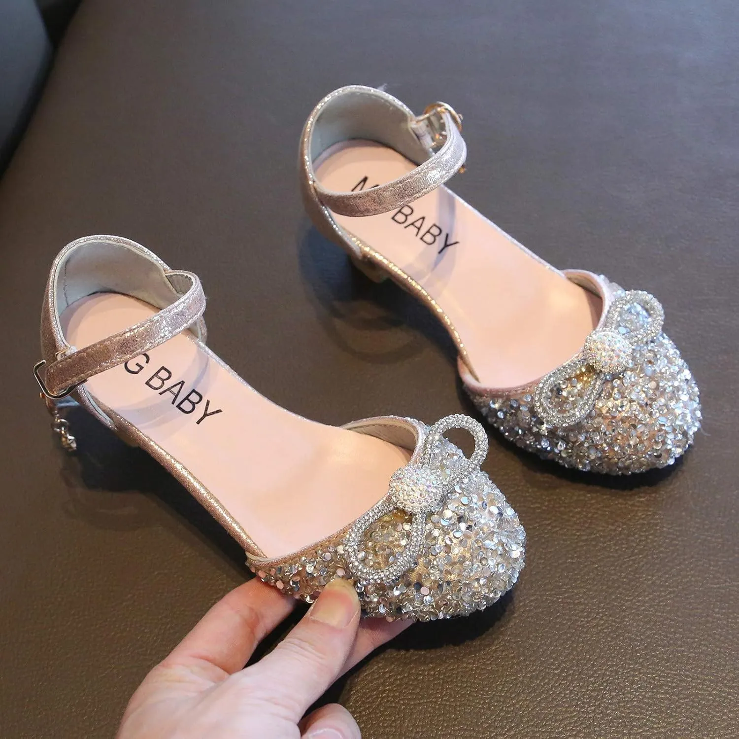 Kids Girls Glitter Dress Shoes Bowknot Low Heel Princess Flat Flower Mary Jane Wedding Party Dance Shoes
