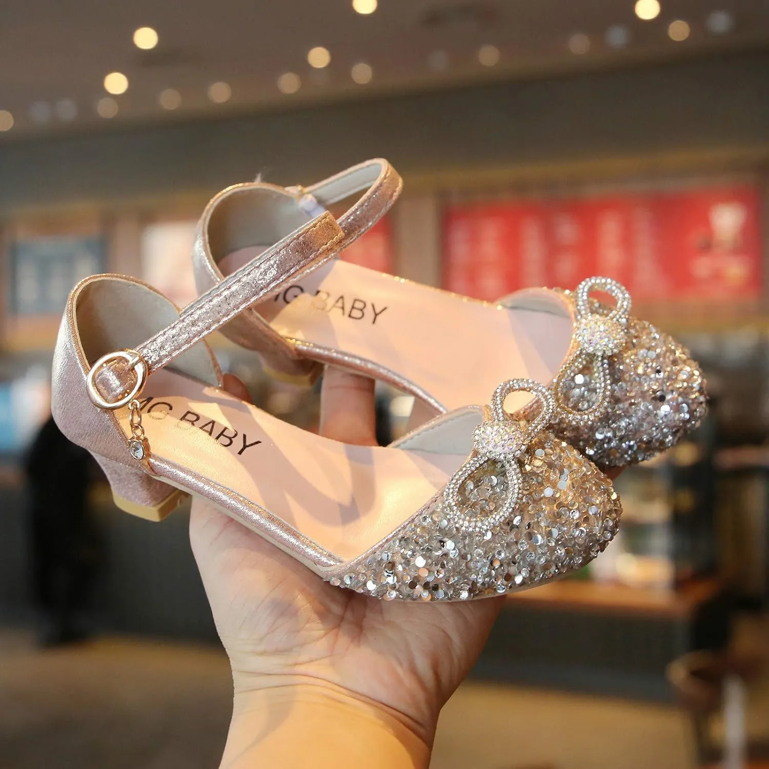 Kids Girls Glitter Dress Shoes Bowknot Low Heel Princess Flat Flower Mary Jane Wedding Party Dance Shoes