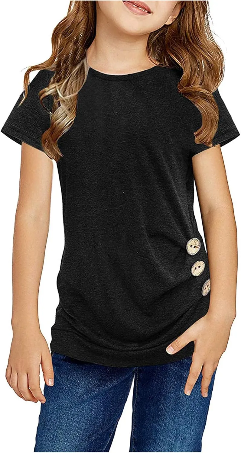 Knot Tunic Button Short Girls Sleeve Tshirt Casual Tops Front Blouse Tee Kids Girls Tops Tops Toddler Girl