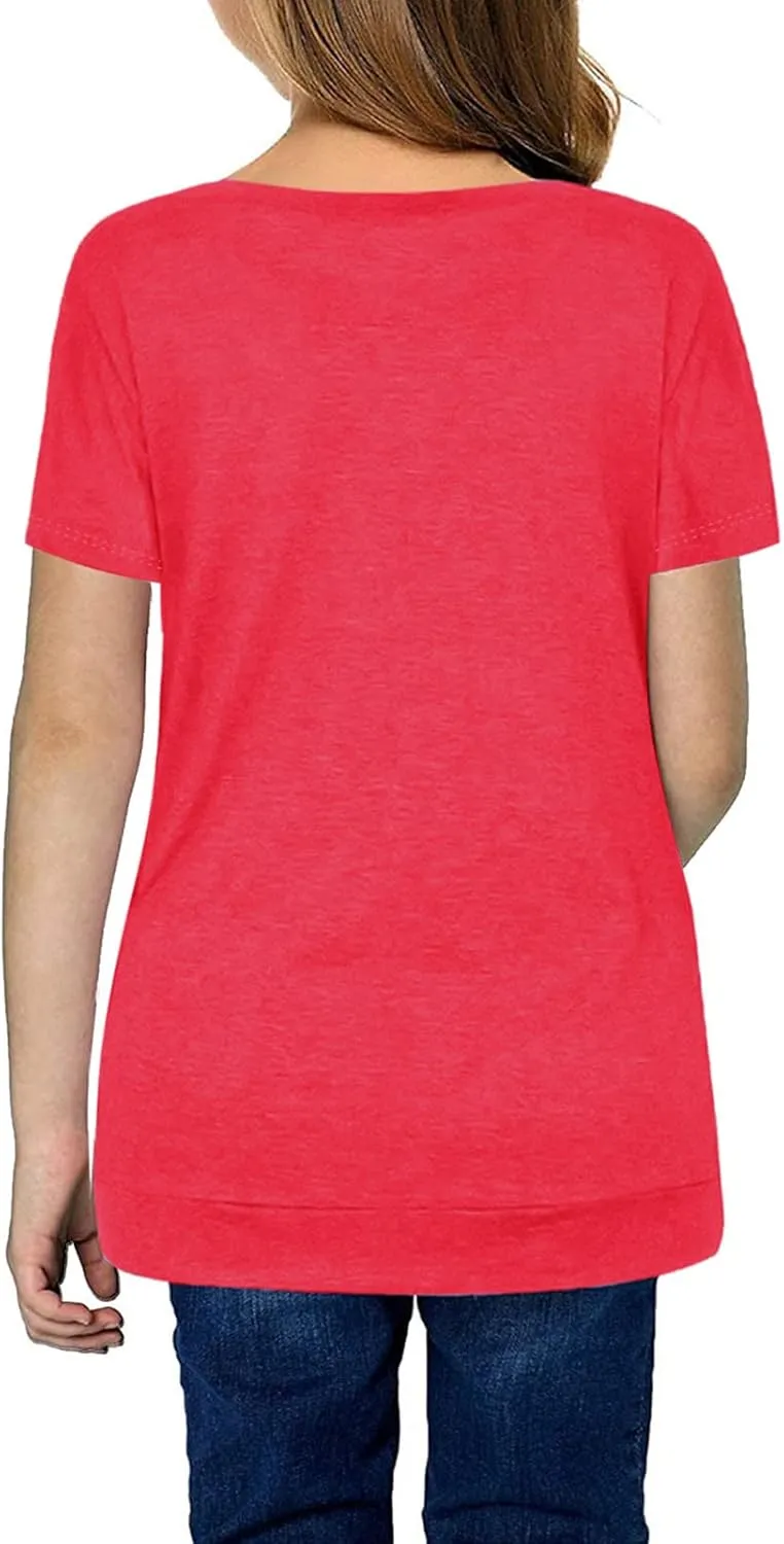 Knot Tunic Button Short Girls Sleeve Tshirt Casual Tops Front Blouse Tee Kids Girls Tops Women Tops