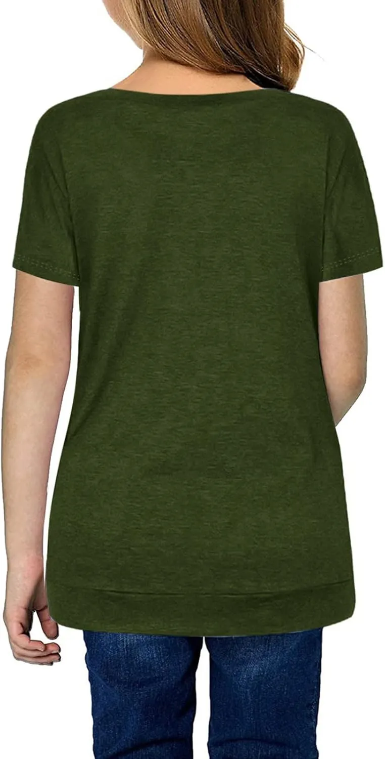 Knot Tunic Button Short Girls Sleeve Tshirt Casual Tops Front Blouse Tee Kids Girls Tops Women Tops