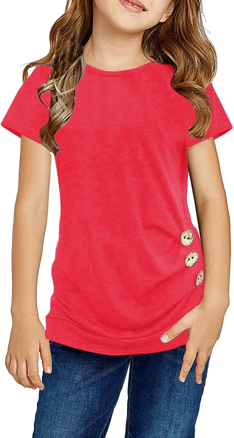 Knot Tunic Button Short Girls Sleeve Tshirt Casual Tops Front Blouse Tee Kids Girls Tops Women Tops