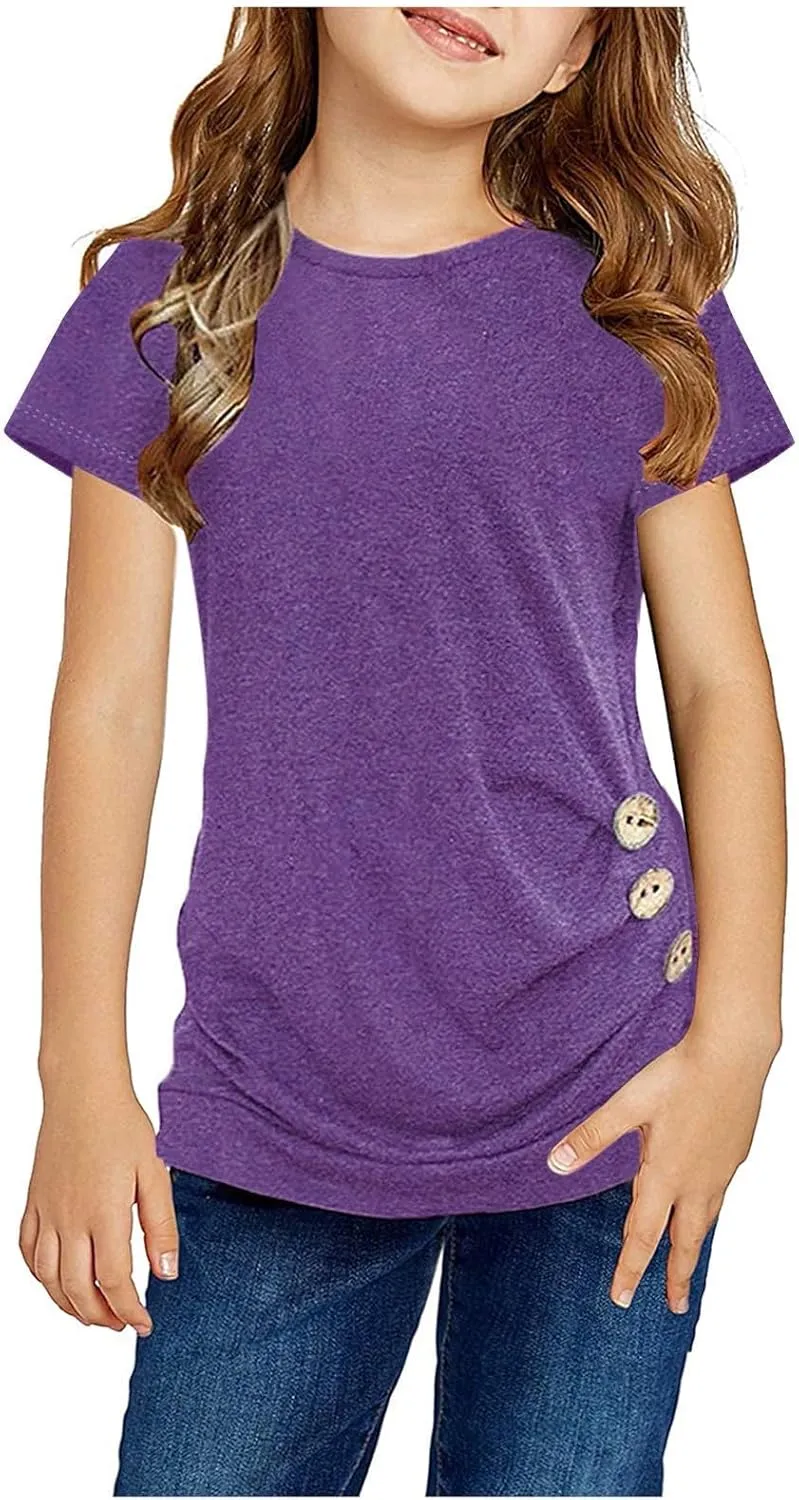 Knot Tunic Button Short Girls Sleeve Tshirt Casual Tops Front Blouse Tee Kids Girls Tops Women Tops