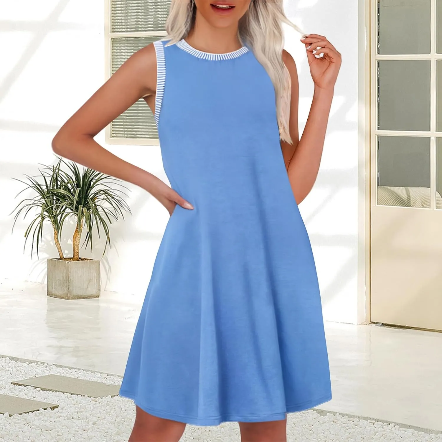 Kubbon Womens Summer Dresses A-Line Sleeveless Boat Neck Mini Dress Casual Loose Sundress Beach Vacation Tank Dresses