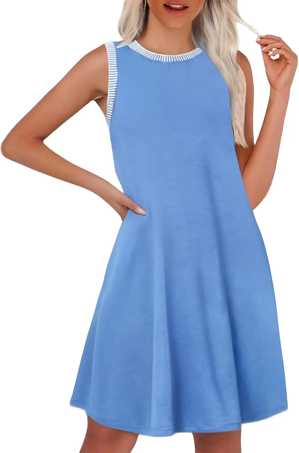 Kubbon Womens Summer Dresses A-Line Sleeveless Boat Neck Mini Dress Casual Loose Sundress Beach Vacation Tank Dresses