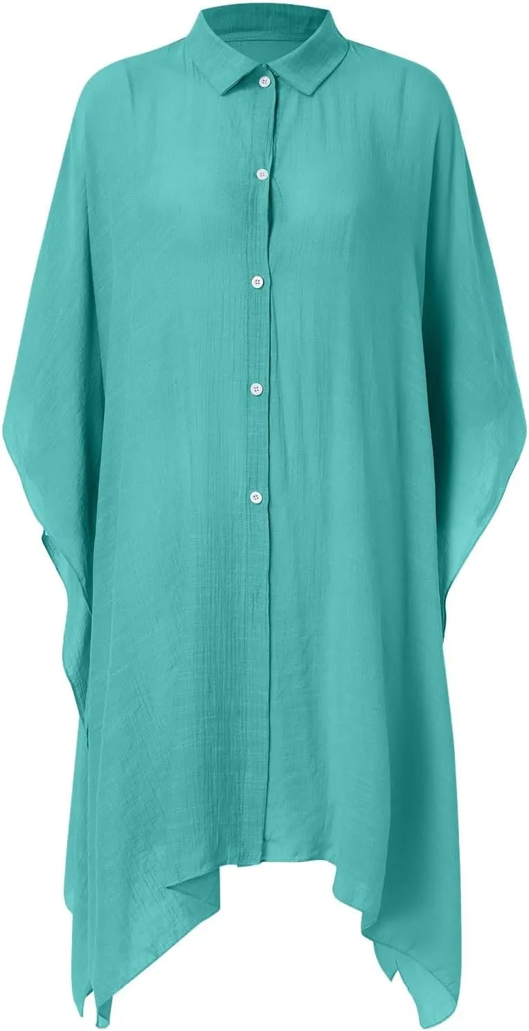 Ladies Summer Solid Shirt Loose Beach Cardigan Holiday Sunscreen Bikini Smock Women's Swimwear Cover Ups 1x