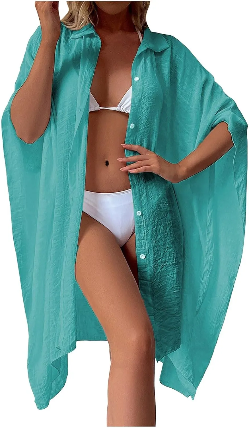 Ladies Summer Solid Shirt Loose Beach Cardigan Holiday Sunscreen Bikini Smock Women's Swimwear Cover Ups 1x